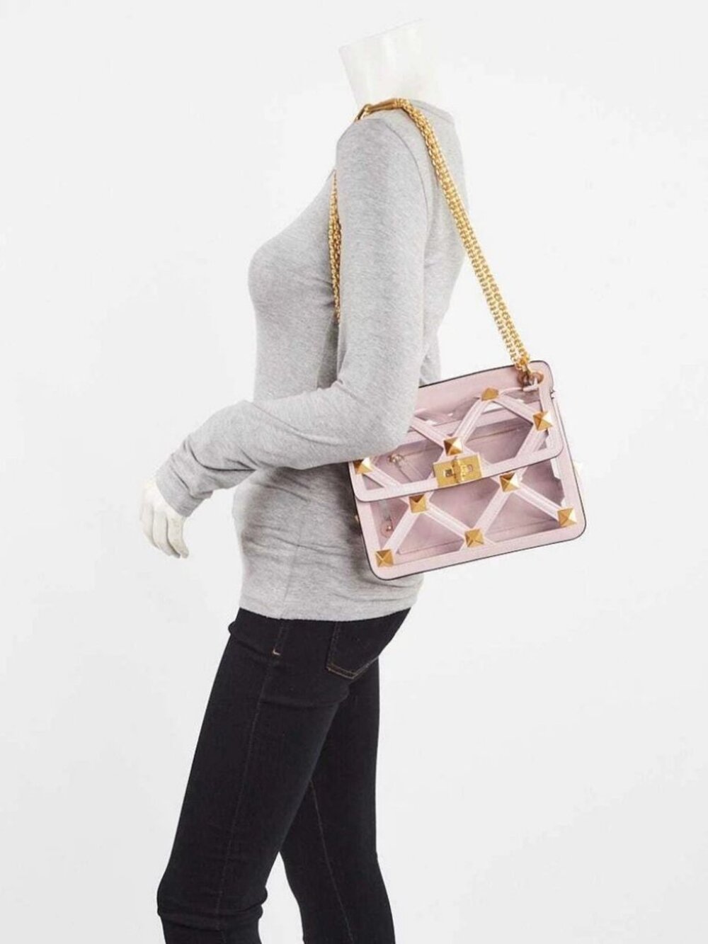 Valentino Rose Quartz Leather and PVC Roman Stud Medium Shoulder Bag - Picture 9 of 9
